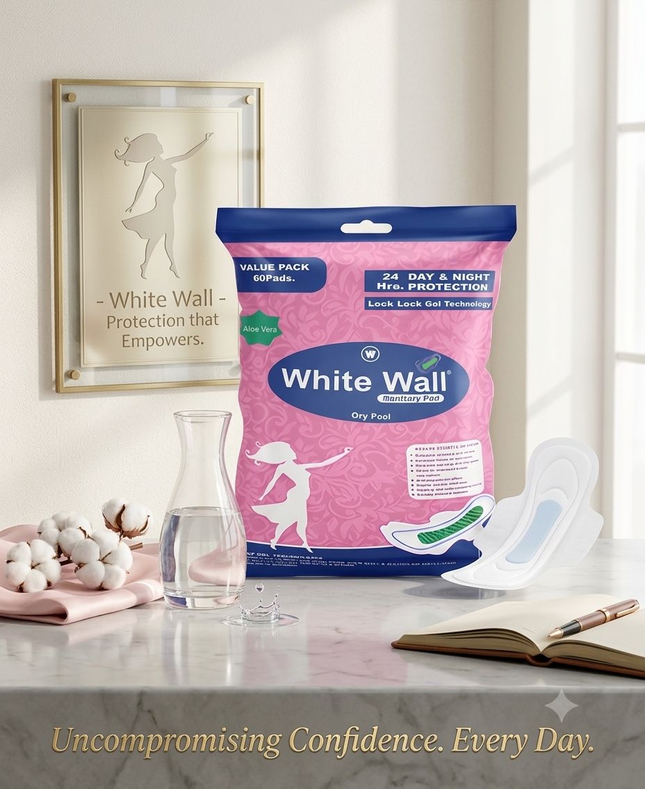Modern Working Woman in Office with White Wall Sanitary Pads